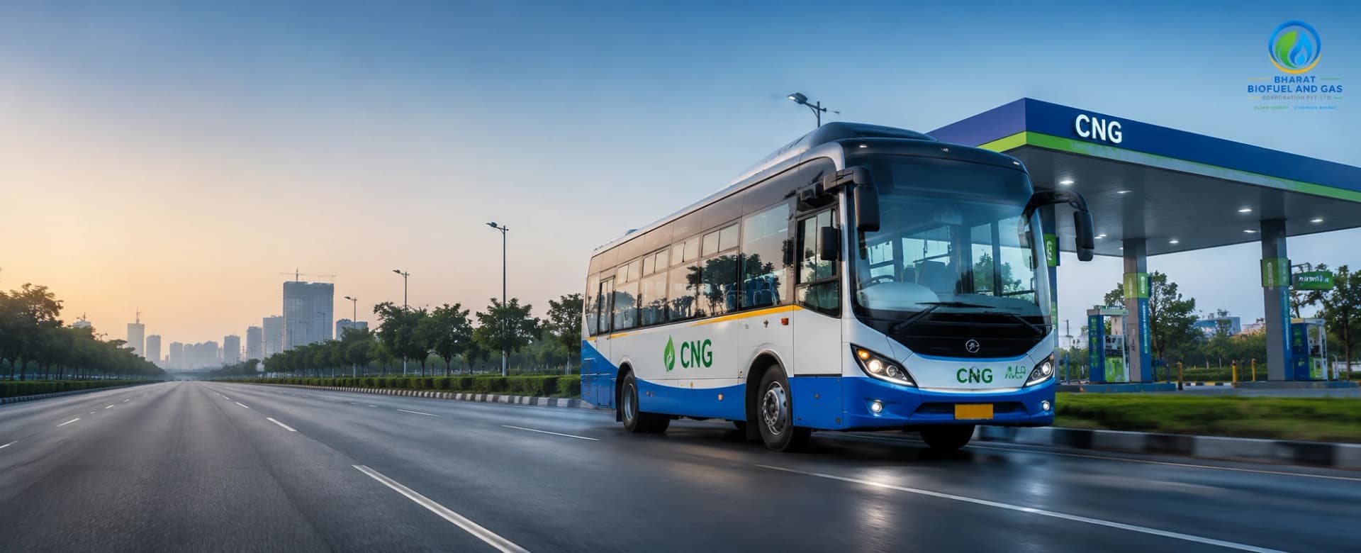 A CNG bus at a compressed natural gas refuelling station